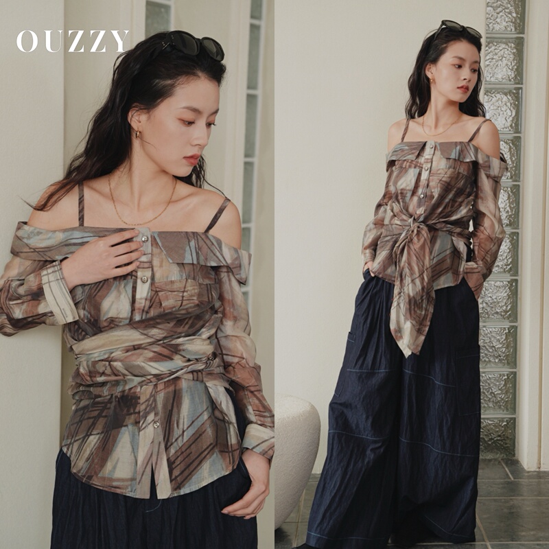 Ouzzy "Romantic Inflorescence" Spring and Summer Off-The-Shoulder Printed Shirt Unique Top Loose Sun Protection Shirt for Women
