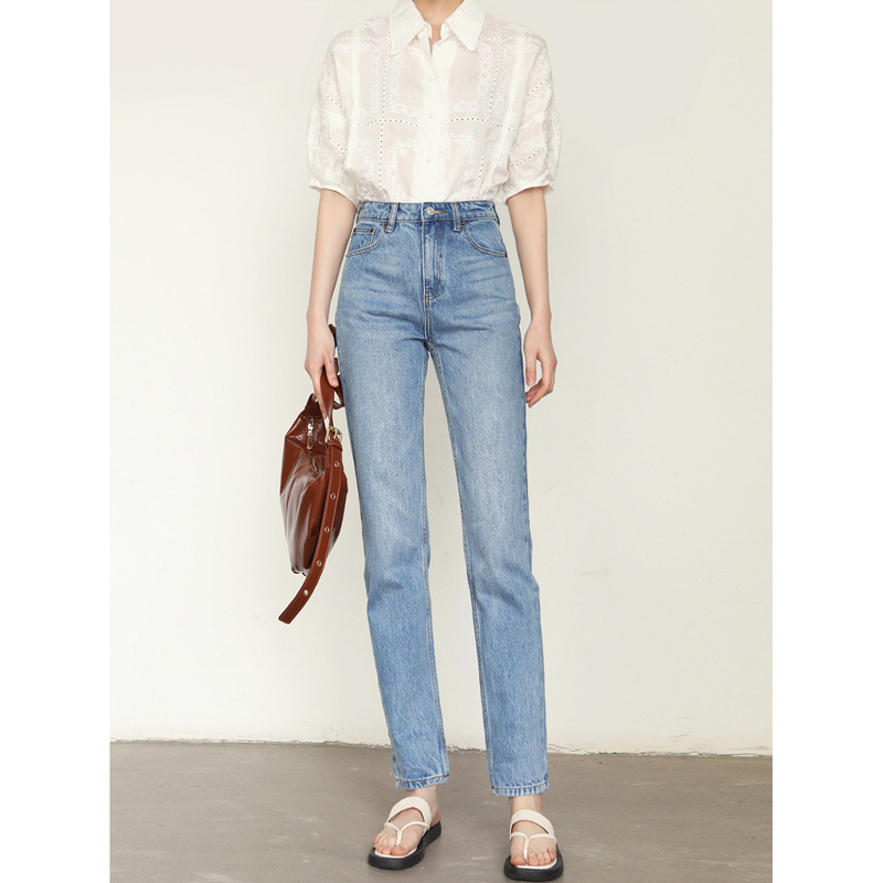 Pure Cotton, Non-Stretch, Tall Height 185cm French-Style Jeans, 165cm Extended Baguette Pants for Women, High-Waisted, Cigarette-Shaped, Slightly Straight