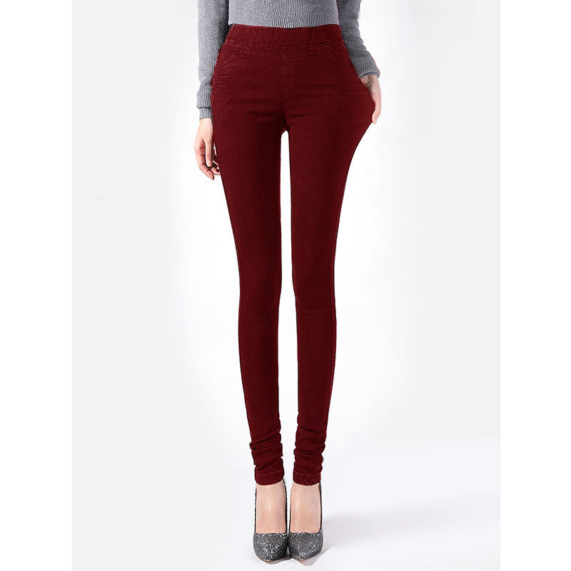 Spring and autumn comfort not tight lengthened high-bounty tight woman high waist casual denim smoke tube pants ginger yellow wine red long pants