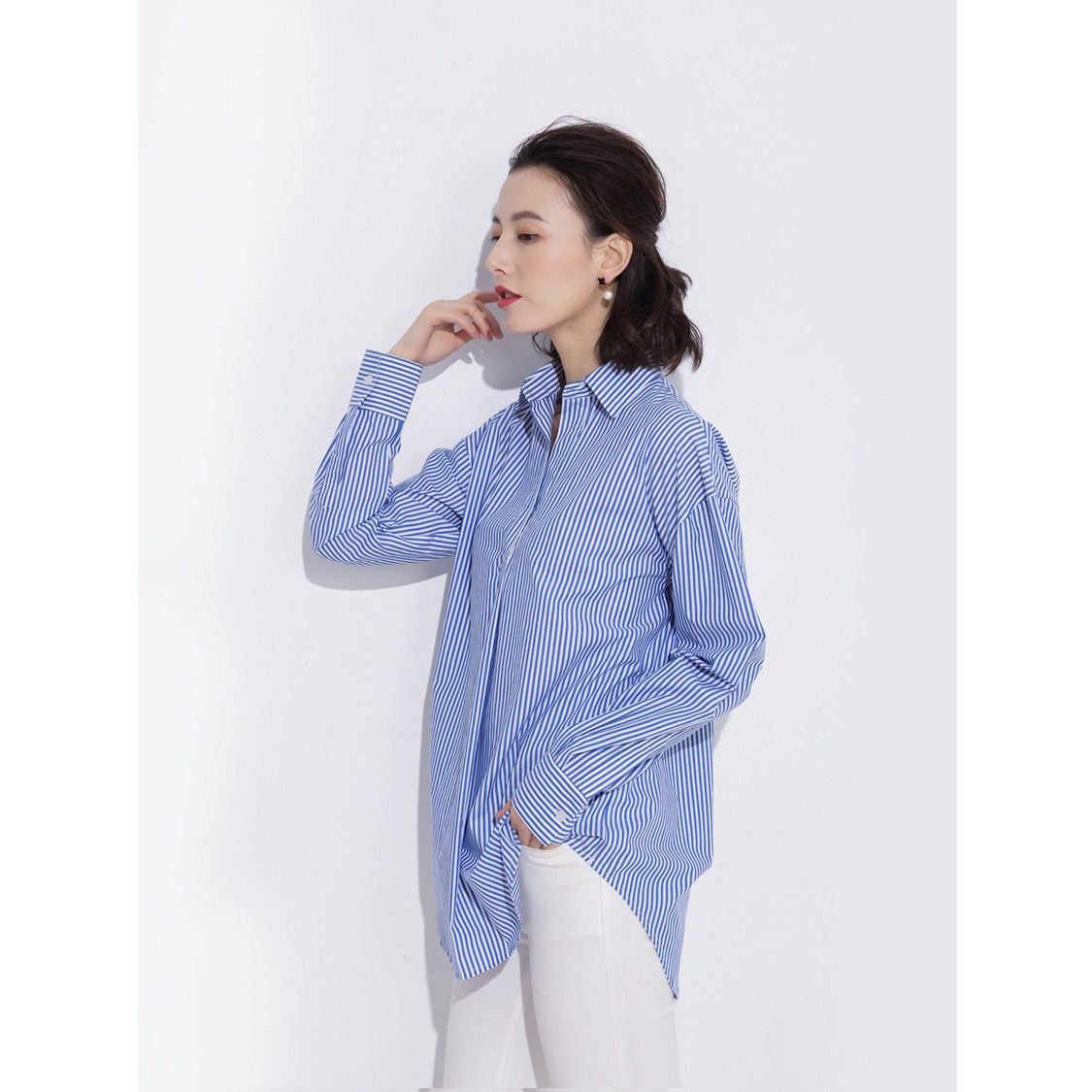 180 autumn female tall lengthened subsection blue striped shirt turning long sleeve shirt large size sleeve head loose 175