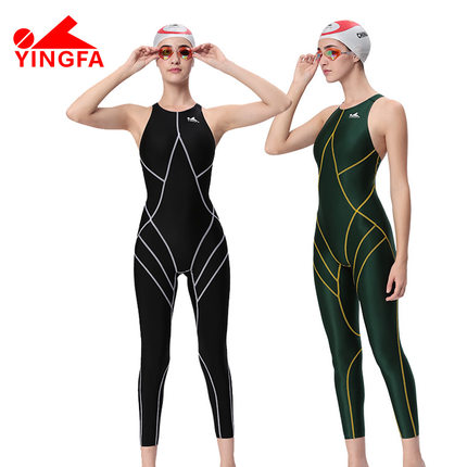 Yingfa 977 double-sided waterproof spandex mercerized fabric long-legged racing ladies children's big children's swimsuit without chest pad
