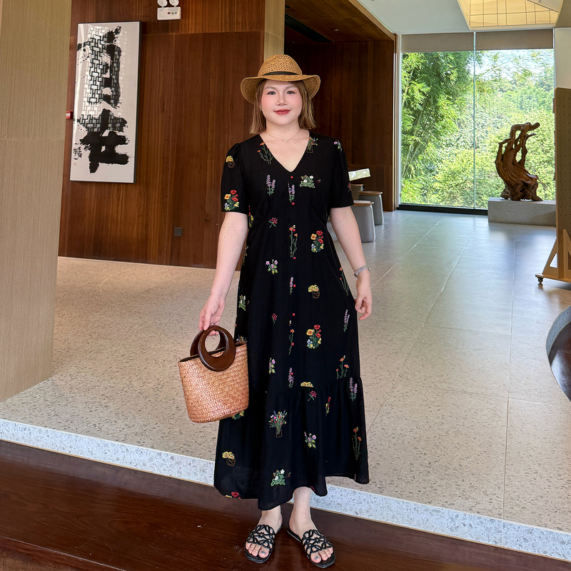 Plus-Size Women's Embroidered Waist-Cinching V-Neck Mid-Length Dress 100kg Summer Slimming Belly-Covering Dress Plus-Size Women's Embroidered Waist-Cinching V-Neck Mid-Length Dress 100kg Summer Slimming Belly-Covering Dress