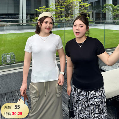 Plus-size women's fishbone pattern shoulder T-shirt for the summer of 2025, a slimming and sporty short-sleeved top for chubby girls
