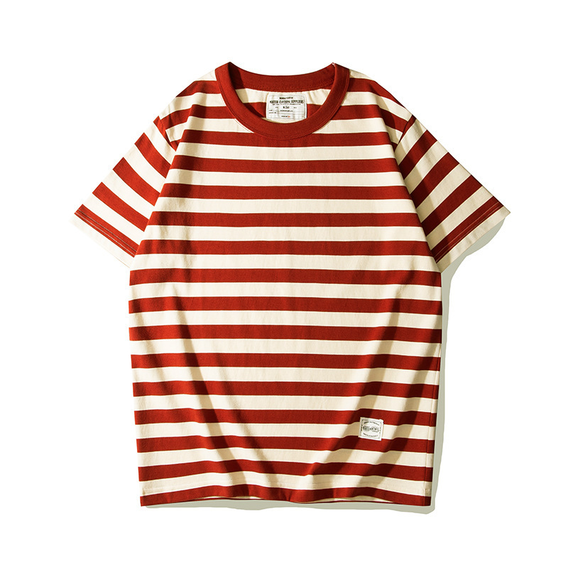 Red Striped 230g National Trend Retro Sailor Shirt Unisex Pure Cotton Striped Short-Sleeve T-Shirt Loose Vintage Base Layer