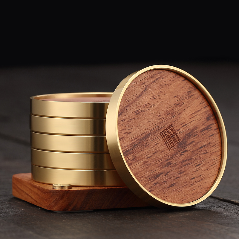 Glass rhyme copper wood tea cup mat Solid wood tea mat coaster Gongfu Tea cup holder Tea holder Heat insulation pad Creative tea set accessories