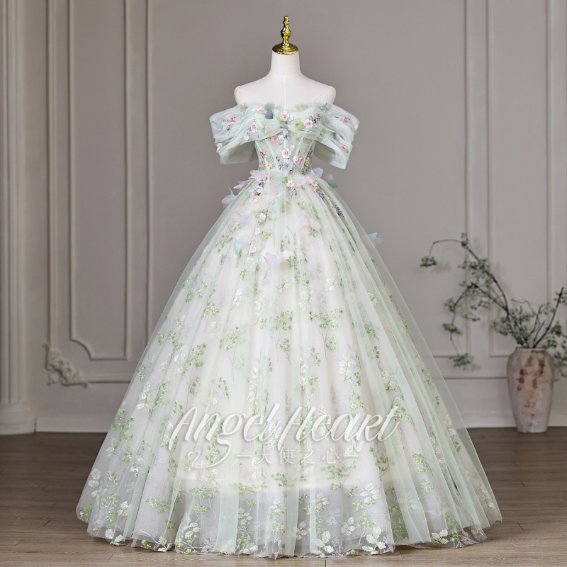 Angel Heart Sweet Style One-Shoulder Sleeveless Long Flared Skirt Three-Dimensional Flower Evening Dress Fantasy Performance Dress