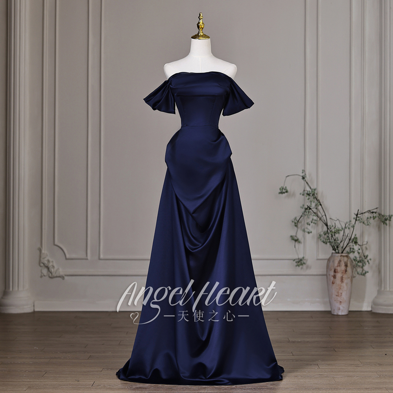 Angel Heart Off-Shoulder Dark Blue Banquet Toast Dress Evening Gown for Women Coming-Of-Age Ceremony Graduation Art Exam Host