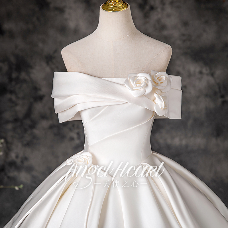 Angel Home Original Simple Satin Wedding Dress Evening Gown Coming-Of-Age Ceremony High-Quality French Bridal Engagement Dress for Women
