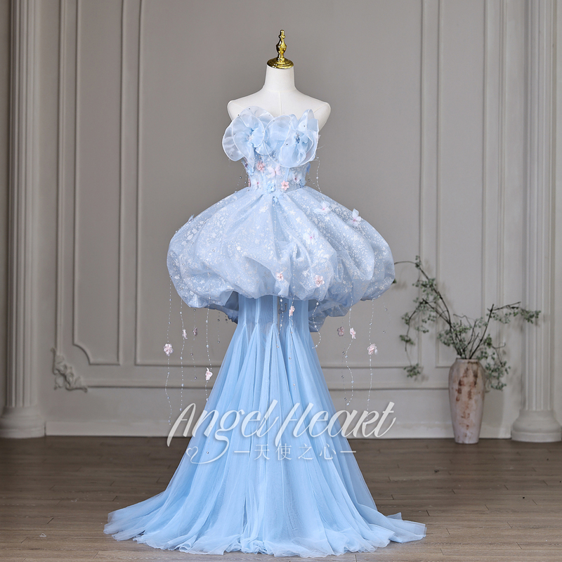 Angel Heart Fairy Style Strapless Blue Dress Performance Elegant Coming-Of-Age Ceremony Graduation Art Exam Banquet Host