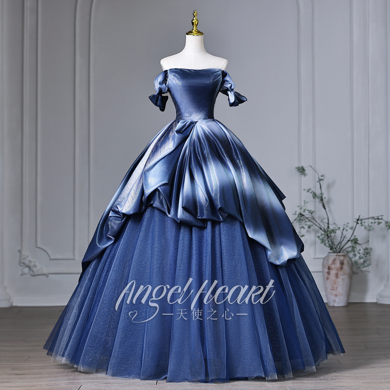 Angel Heart Off-Shoulder Blue Long Dress Evening Gown for Women, High-End Performance Art Exam, Coming-Of-Age Ceremony, Evening Party, Puffy Dress
