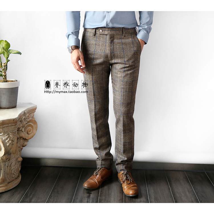 Vertebrate Men Retro Quần len kẻ sọc Anh Quần hai mảnh Cưỡi gió Bộ đồ len quần kaki