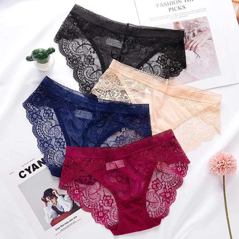 Lace pure cotton underwear women's seamless low-waisted red lace lace sexy confused ladies hot briefs trendy