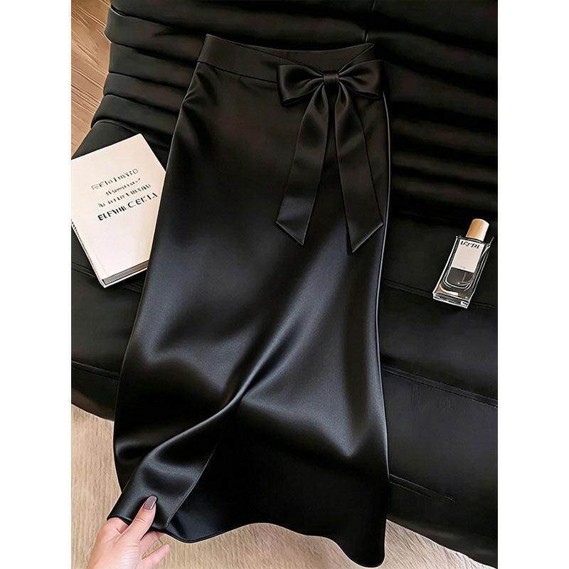 2026 Summer Trendy New Fashion High-End A-Line Skirt Black Acetate Satin Bow Skirt for Women