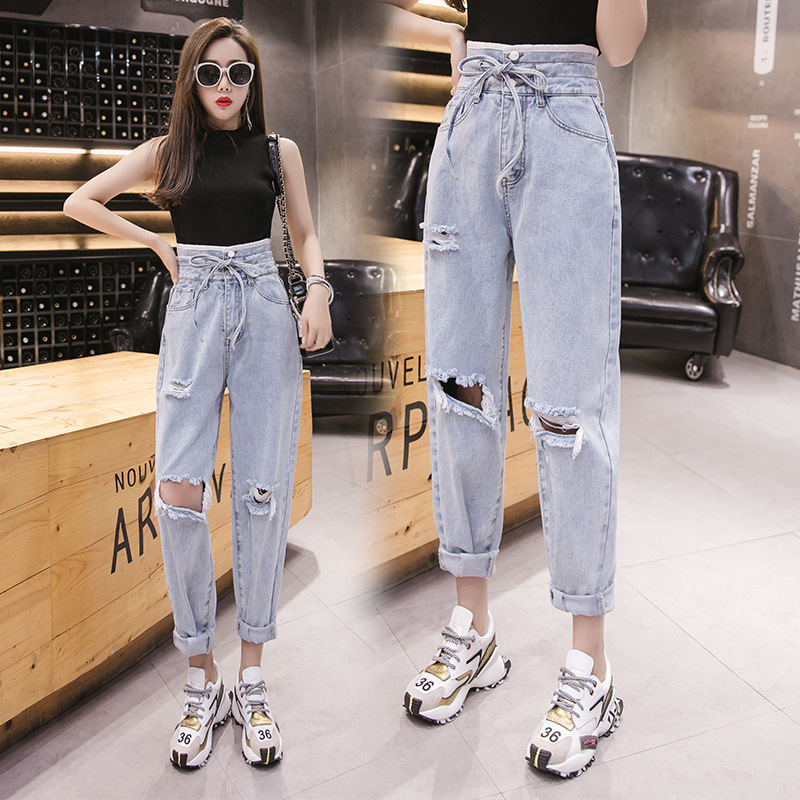 Tide Ocnltiy Hole Jeans Women Fashion High Waist Thin Light Straight Broad Straight Beggars Nine-Different Pants