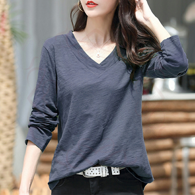 European station Ocnltiy cotton loose long sleeve t shirt clothing new spring and autumn pure color blouse v-collar coat