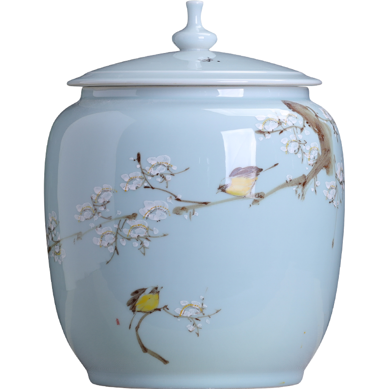 Chinese hand-painted tea pot Ceramic large size sealed pot Vintage storage moisture-proof tank Household Pu'er tea pot large capacity