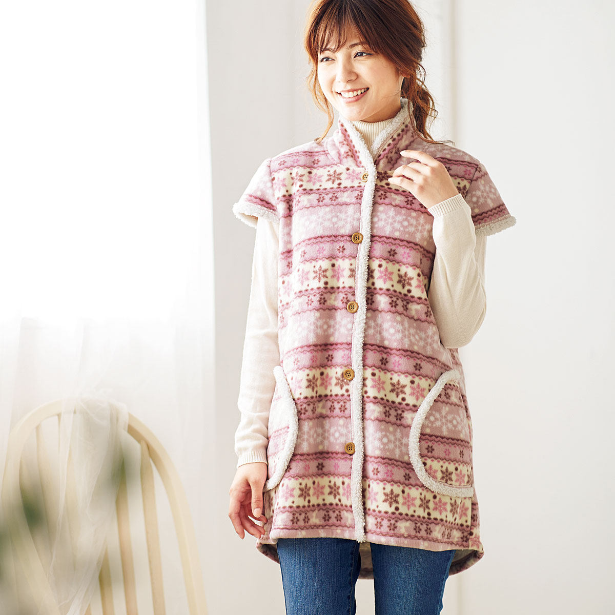 Japan cecile warm long vest Plush horse clip Short sleeve warm vest Nordic snowflake pattern