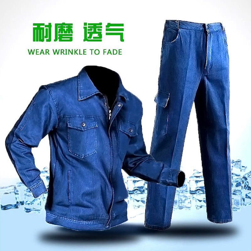 Summer Denim Workwear Suit Men's Pure Cotton Thin-style welded workwear wear resistant and burn-proof long sleeve electric welders