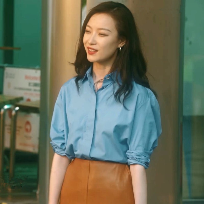 Ni Ni's Golden Years Style, Zhu Suo Suo's Same Outfit, Early Spring New Hong Kong Style Blue Shirt, Orange Pu Leather Skirt for Women