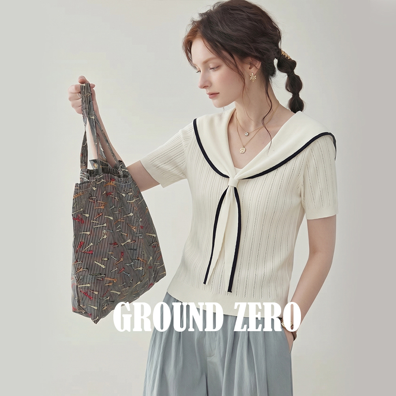 Ground Zero Slim-Fit Lace-Up Knit Sweater College Style Pullover Navy Collar Tie-Up Women's Short-Sleeve Top Ground Zero Slim-Fit Lace-Up Knit Sweater College Style Pullover Navy Collar Tie-Up Women's Short-Sleeve Top