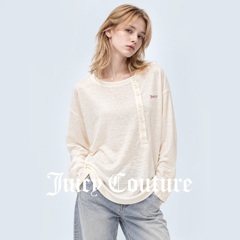 Juicy Couture Slim-Fit, Comfortable, Versatile Button-Decorated Long-Sleeve T-Shirt for Women, Autumn Solid Color Top