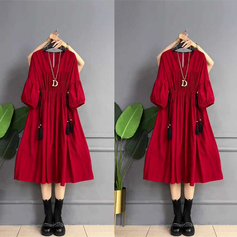 Casual Fashion Dress, Plus Size, High-End, Loose, Drawstring Waist, Solid Color, Light Luxury Long Dress, New Arrival
