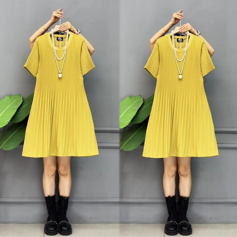 Plus-Size Stylish Pleated Dress for Women, New Summer Loose-Fitting Waist-Covering Mid-Length Dress, Trendy and Fashionable Women's Dress Plus-Size Stylish Pleated Dress for Women, New Summer Loose-Fitting Waist-Covering Mid-Length Dress, Trendy and Fashionable Women's Dress