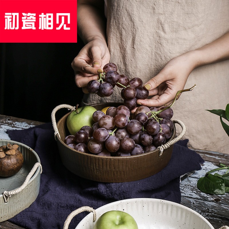 Porcelain meet each other at the beginning of household of Chinese style tableware compound tray was manually creative style of the ancients do old with hemp rope round fruit basin