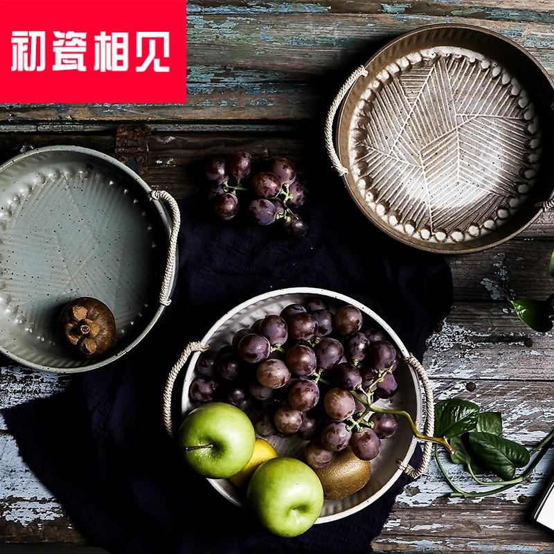 Porcelain meet each other at the beginning of household of Chinese style tableware compound tray was manually creative style of the ancients do old with hemp rope round fruit basin