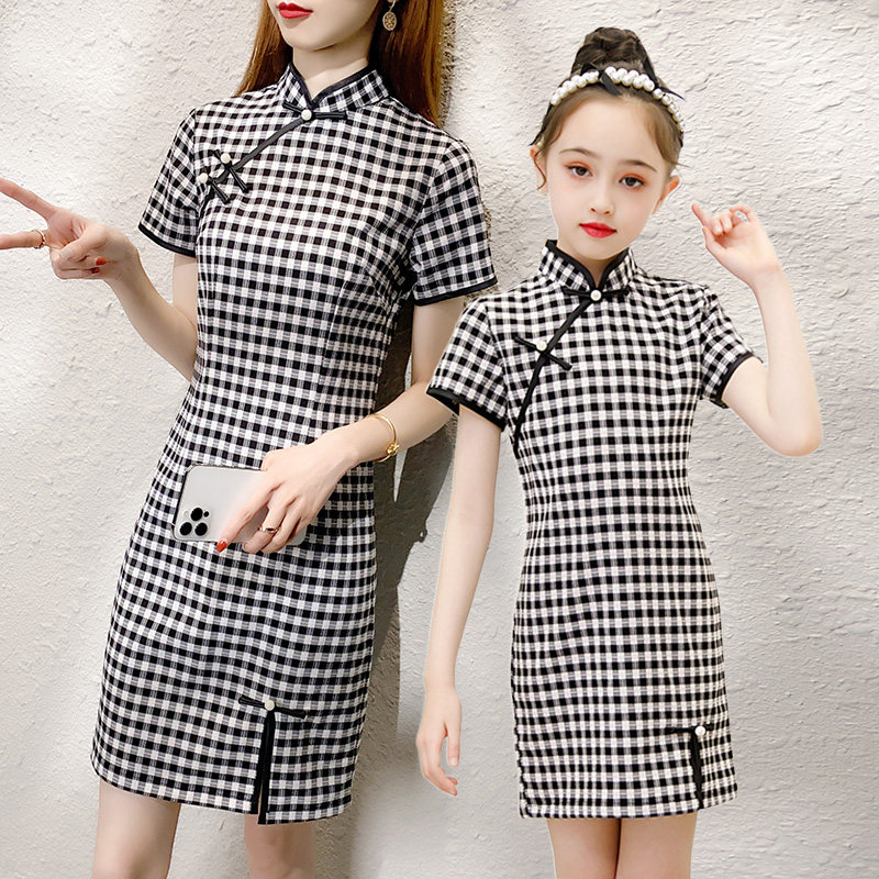 Pro-sub-dress Flag-gown checkered dress Summer Chinese Wind improved version Girls Down dress The young Mother and women dress
