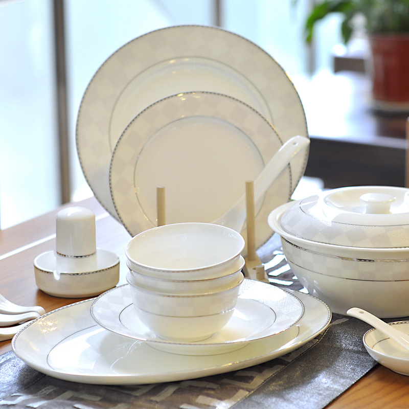 Dish Set for Home Use, Jingdezhen Tableware, Ceramic Tableware, Noodle Bowl, Plate, Rice Bowl, Chopsticks, Bone China Soup Bowl, Silver Line Magic Cube Dish Set for Home Use, Jingdezhen Tableware, Ceramic Tableware, Noodle Bowl, Plate, Rice Bowl, Chopsticks, Bone China Soup Bowl, Silver Line Magic Cube