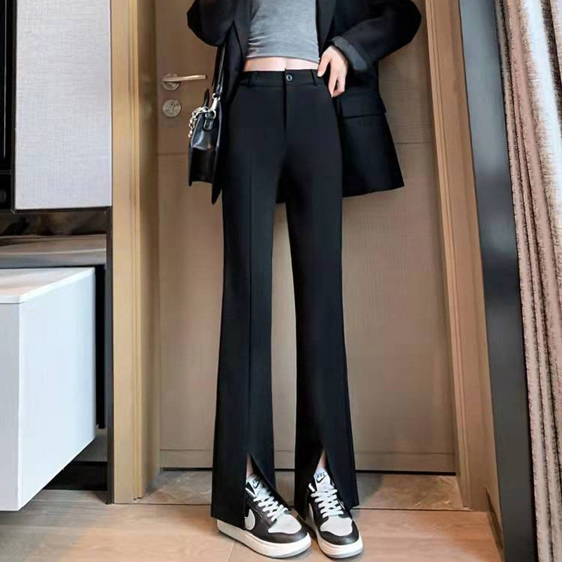 2022 Spring Dress New Comfort Straight Drum Front Open Fork Microhorn Western Dress Pants Woman OL Commute Black Casual Women Long Pants