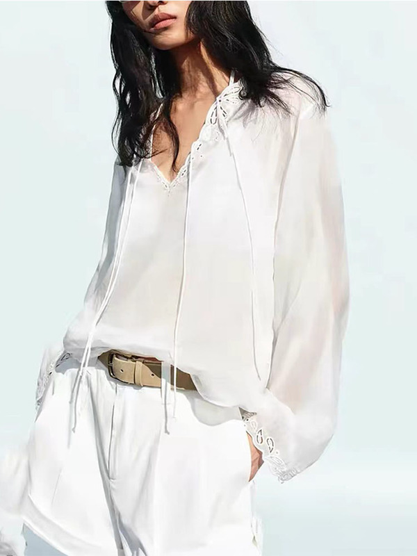 Authentic Top with Inner Lining 2026 Summer New Arrival Ramie Embroidered Hollow V-Neck Tie Lightweight Mbf2Topt19 Authentic Top with Inner Lining 2026 Summer New Arrival Ramie Embroidered Hollow V-Neck Tie Lightweight Mbf2Topt19