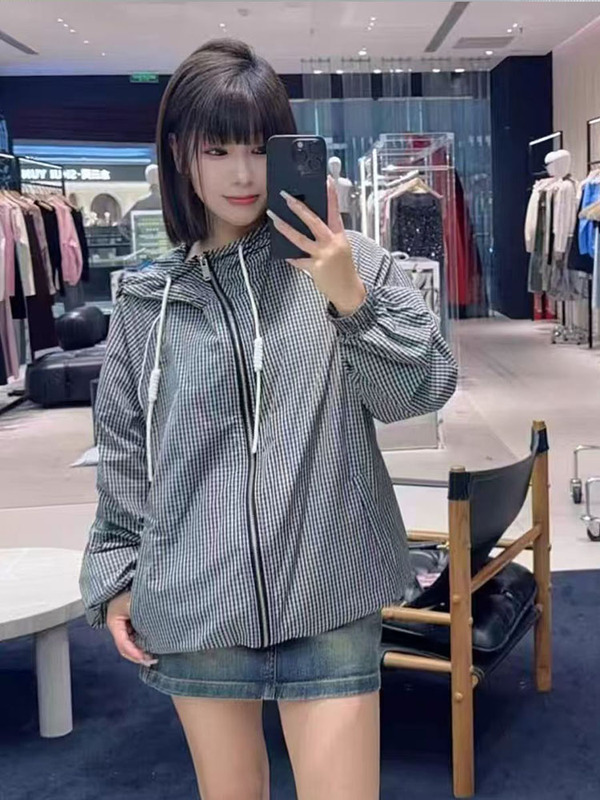 Authentic Jacket 2026 Spring New Black and White Plaid Light Drawstring Hooded Sports Style Jacket Mbf1Jkt021