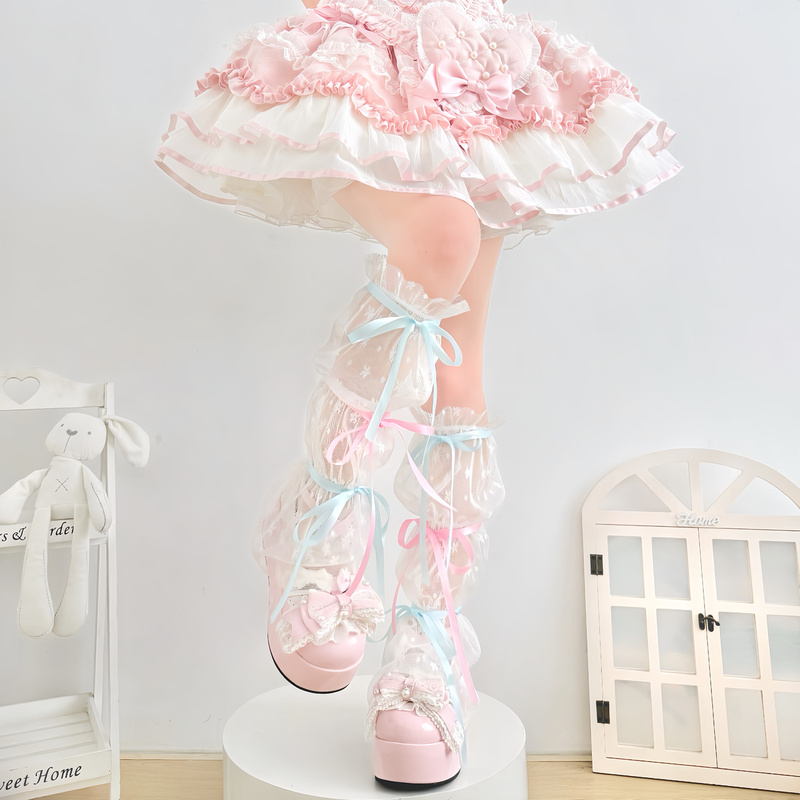Summer Layered Lolita Style Outfit for Girls with French-Style Slimming Ribbon Spliced Ballet Socks and Mid-Calf Mesh Leg Warmers