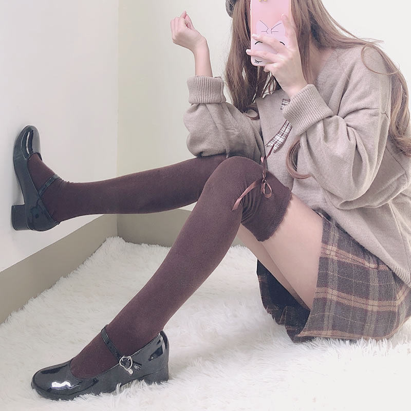 Japanese Lolita Butterfly Bow Student Pure Cotton High Socks Female JK Socks Over Knee College Wind Stockings
