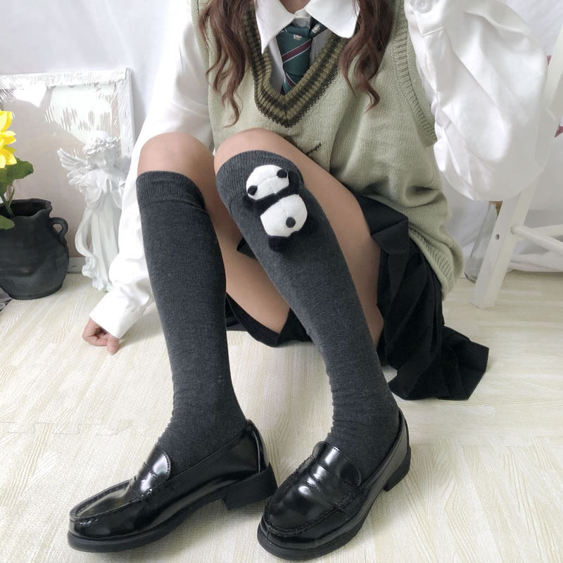 Cute Japanese thick socks female middle tube socks soft girl solid color panda brooch college wind jk socks warm calf socks