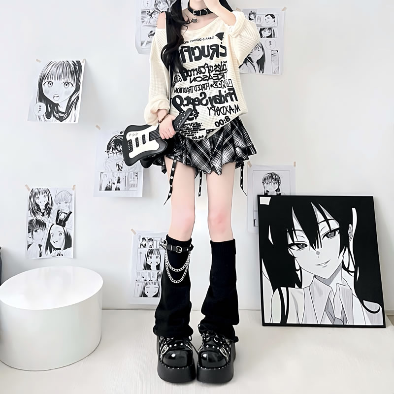 パーソナライズされたレッグリング、ミッドチューブソックスの山、チェーンレザーバックルニットワイドレッグソックス、女性用、Y2Kサブカルチャー、フレアレッグセット、ブラック