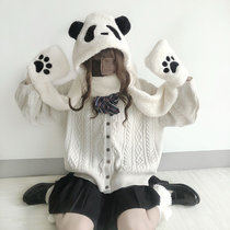 Autumn and winter Korean version of cute bear ear hat panda scarf thick warm scarf hooded gloves one three-piece set