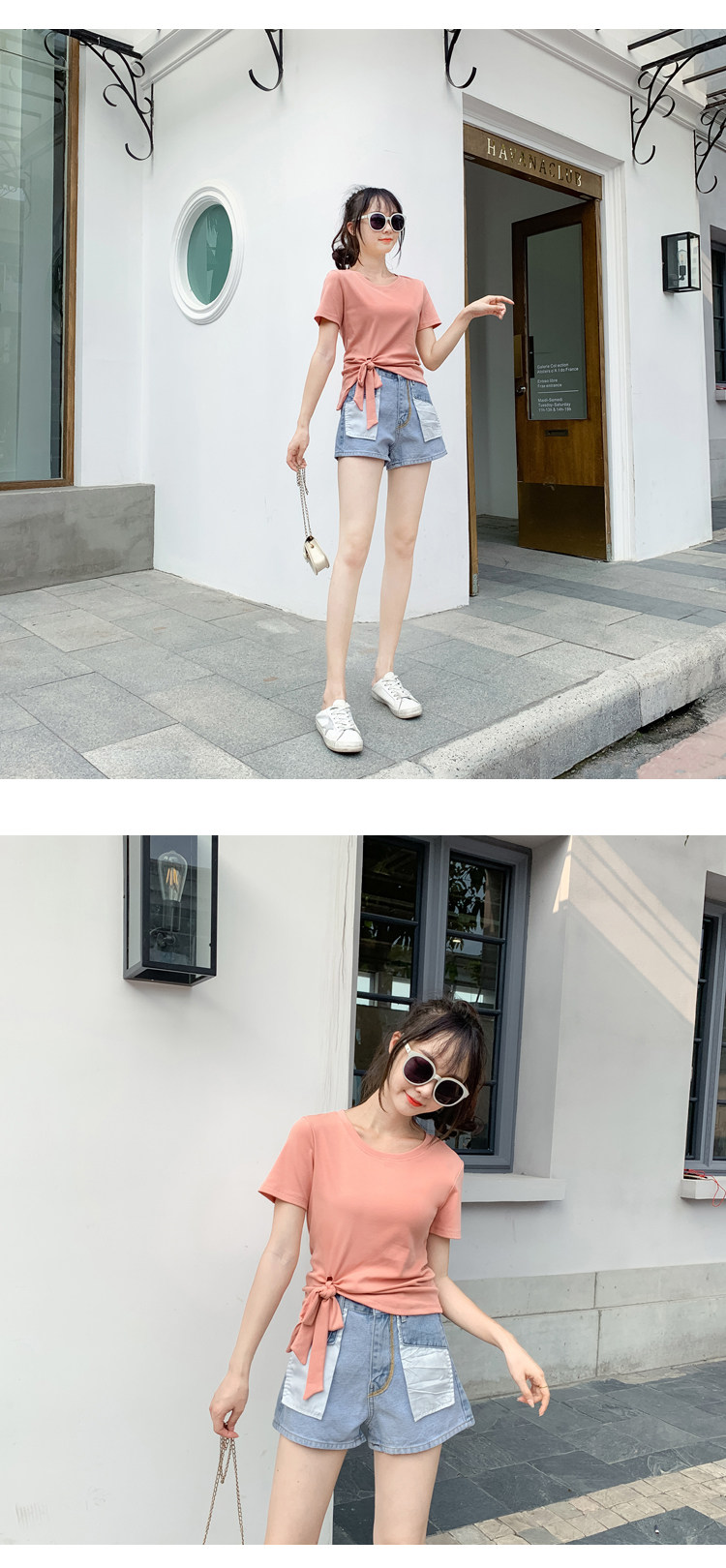 2022夏新款独特系带蝴蝶结不规则短袖T恤女修身百搭别致时尚上衣详情8