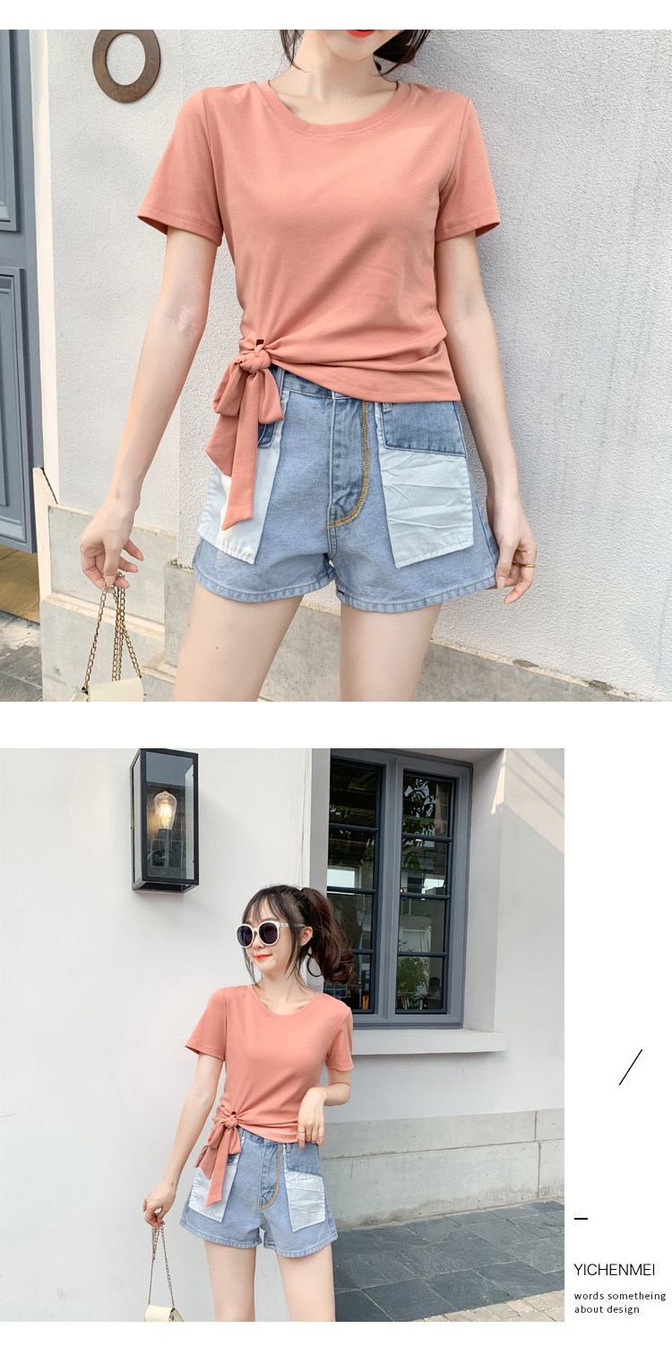 2022夏新款独特系带蝴蝶结不规则短袖T恤女修身百搭别致时尚上衣详情7