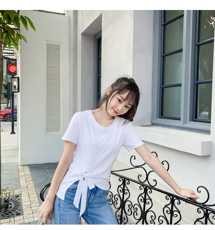 2022夏新款独特系带蝴蝶结不规则短袖T恤女修身百搭别致时尚上衣详情13