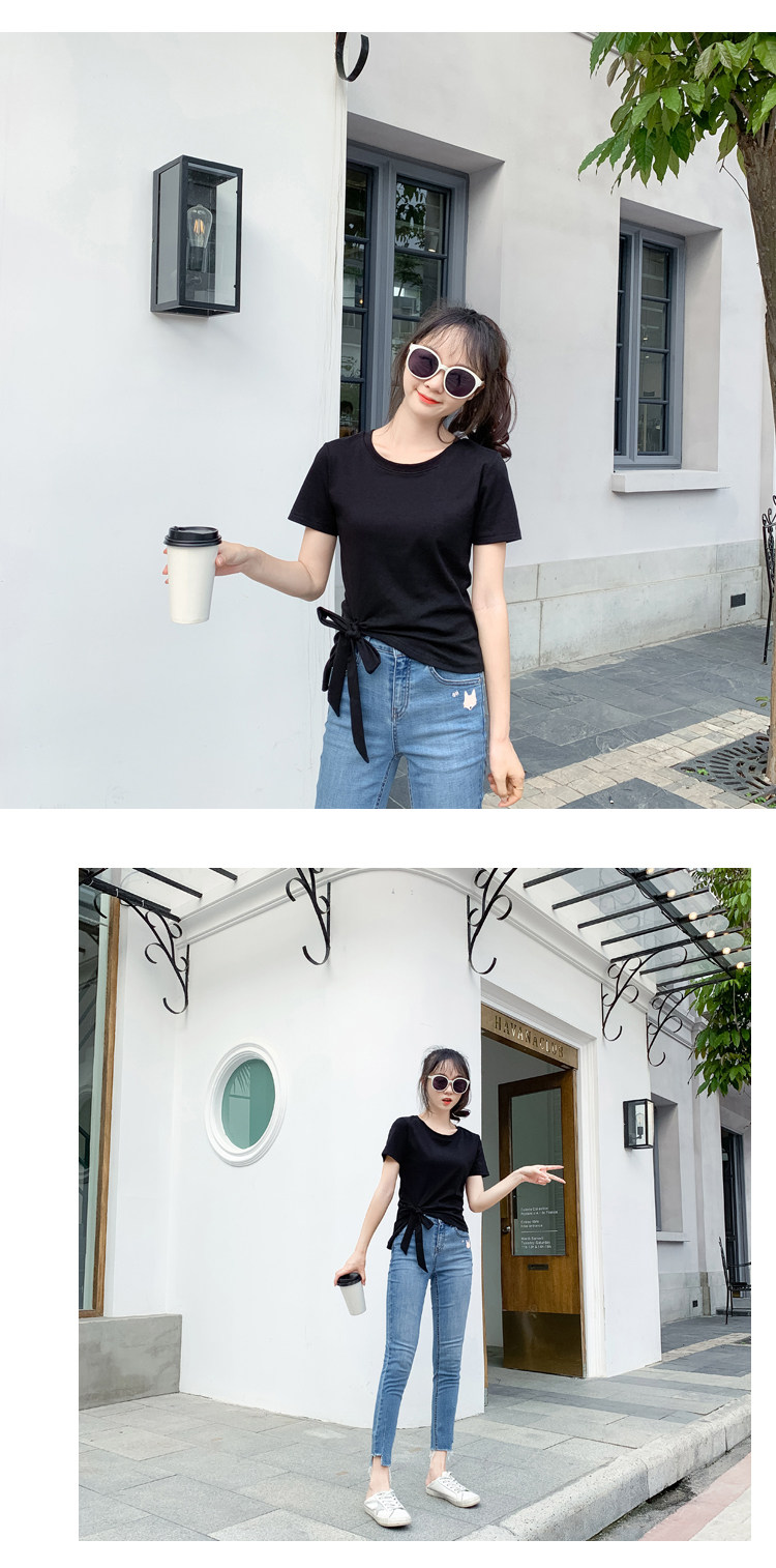 2022夏新款独特系带蝴蝶结不规则短袖T恤女修身百搭别致时尚上衣详情16