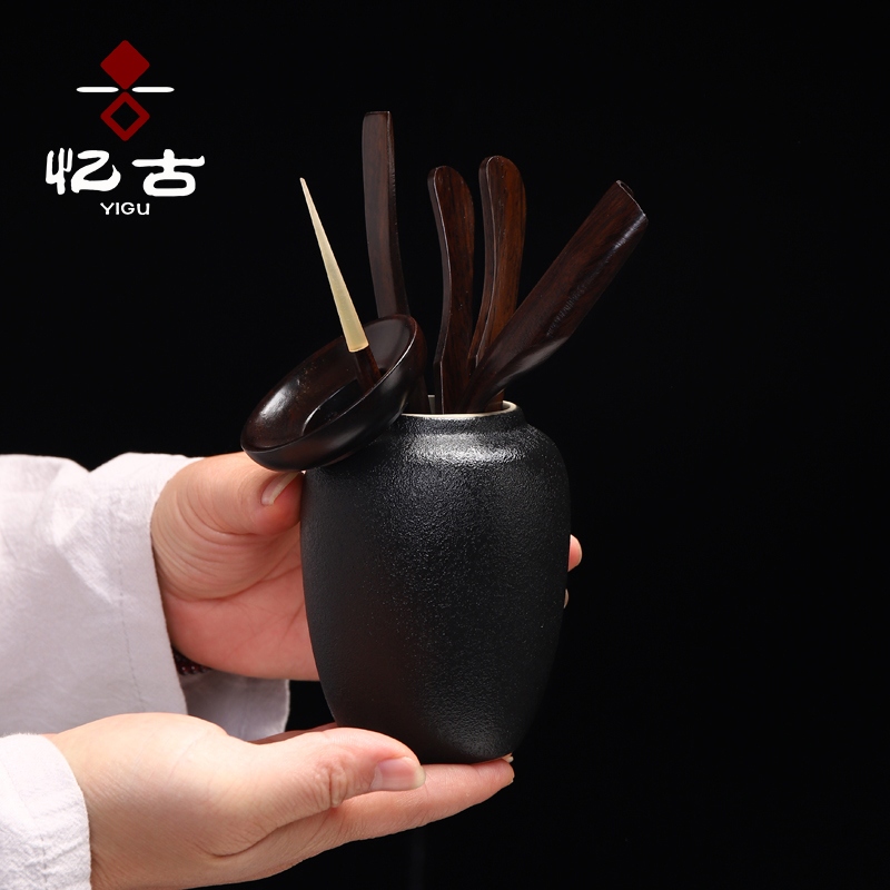 Have the ebony wood, ceramic tea six gentleman 's suit detong tea tray was kung fu tea accessories ChaGa tea spoon