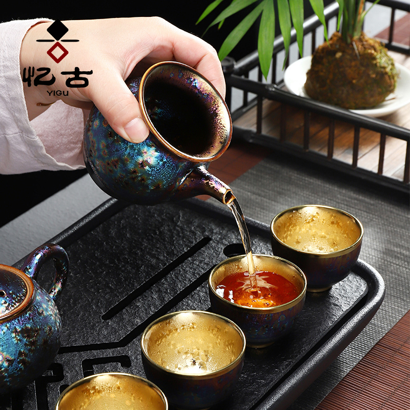 Have built ancient up change light kung fu tea set household ceramics fine gold of a complete set of red glaze, gift set teapot teacup group