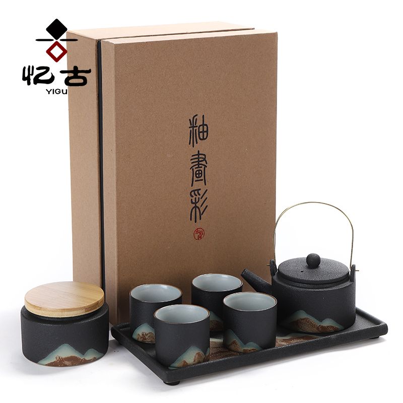 Have the ancient mountains glaze painting color tea set of kung fu tea set household creative ceramic tea pot of a complete set of Japanese tea sets