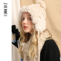 Warm real rabbit hair ~ hat female winter Joker wool hat Lei Feng hat warm cute ear protection hair ball knitted hat