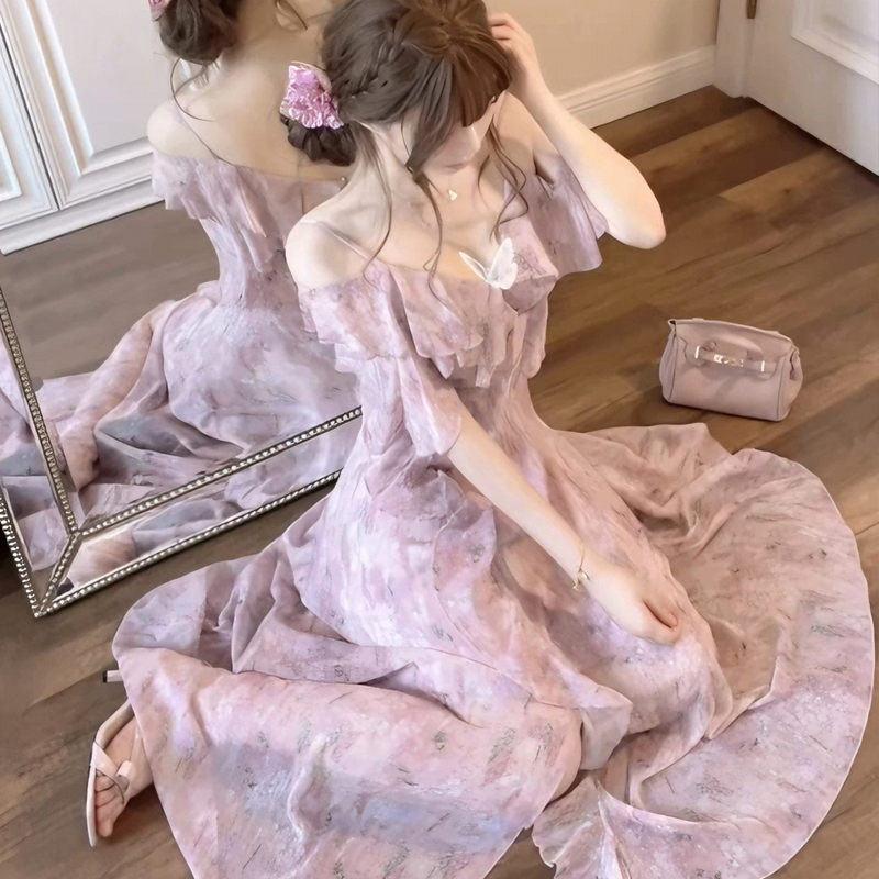 French Romantic Style Pink Floral Dress for Women, Perfect for Summer Vacations, High-End, Asymmetrical Ruffled Long Skirt