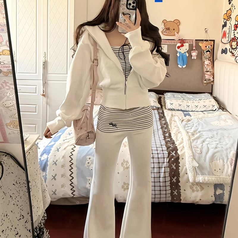 Korean Style Outfit, Lazy Style Striped Tube Top Short Hooded Jacket for Women, Autumn and Winter High-Waisted Flared Pants Three-Piece Set