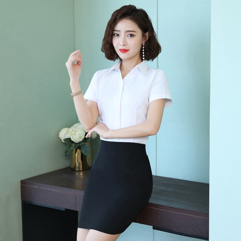 V Collar White Shirt Woman Professional Dress Suit Summer Fashion OL Short Sleeve Shirt Lady Workwear Positive Dress Lady Skirt